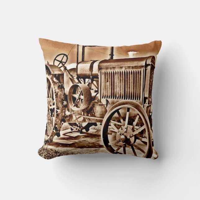 Antike Traktorenanlage Klassische Sepia Kissen (Vorderseite)