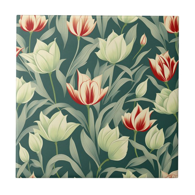Antike Tulpen Botanisches Muster Fliese (Vorderseite)