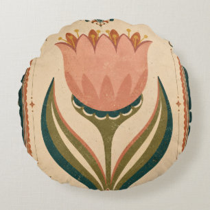 Antike Tulpen-Volkskunstillustration im Vintage-St Rundes Kissen