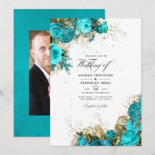 Antike Türkis- und Gold Shabby-Hochzeitsfoto Einladung