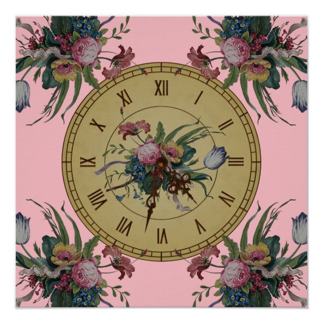 Antike Uhr mit Blumen Poster (Vorderseite)