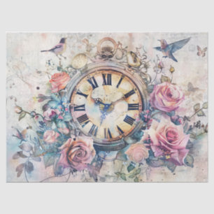Antike Uhr mit Vögeln und Rosen Decoupage Seidenpapier