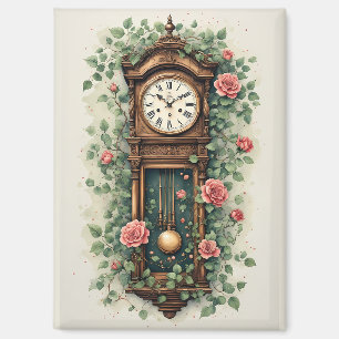 Antike Uhr umgeben von Rosen und Weinreben Magnet