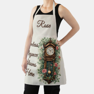 Antike Uhr umgeben von Rosen und Weinreben Schürze