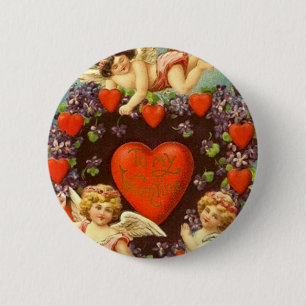 Antike Valentinsgrüße 3 Cupidos und rote Herzen Button