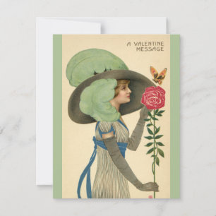 Antike Valentinstag, Dame rote Rose Schmetterling Feiertagskarte