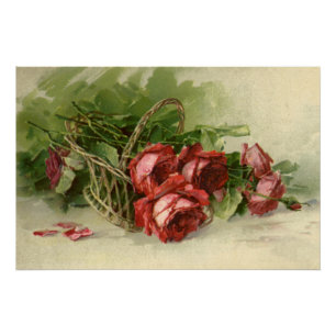Antike Valentinstag Liebe, karmesinrote Rosen Poster