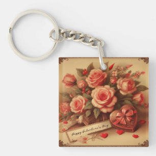 Antike Valentinstag-Schokolade und Blumen Schlüsselanhänger