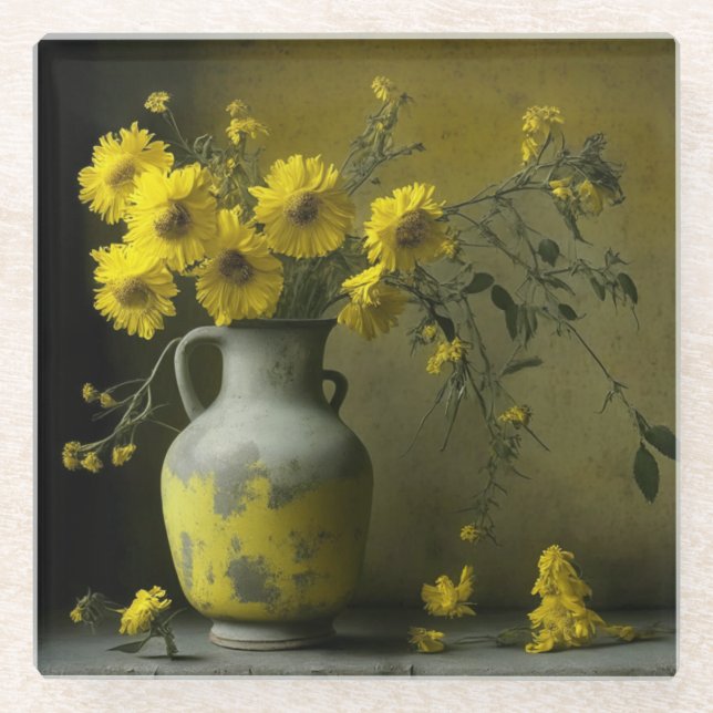 Antike Vase der gelben Blumen Glasuntersetzer (Vorderseite)