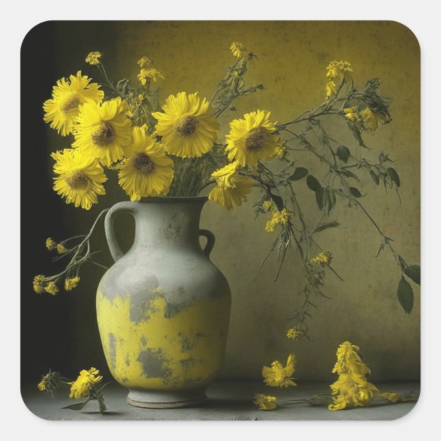 Antike Vase der gelben Blumen Quadratischer Aufkleber (Vorderseite)