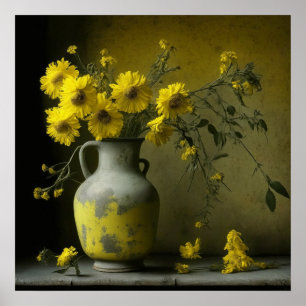 Antike Vase mit gelben Blumen Poster