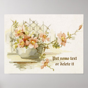 Antike Vase mit rosa Rosen im Wasserfarbdruck Poster