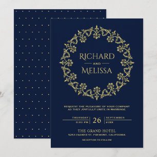 Antike Verzierte Blumen Gold Blau Hochzeit Einladung