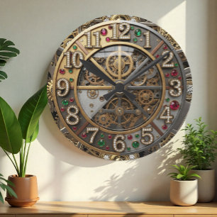 Antike verzierte Uhr, Steampunk, Gold, Edelsteine Runde Wanduhr
