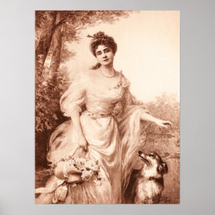 Antike viktorianische Frau mit Border Collie Hund Poster