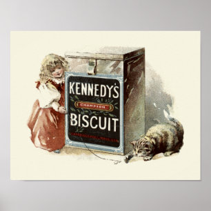 Antike viktorianische Katze- und Mädchen-Keks-Werb Poster