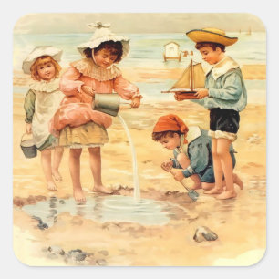 Antike viktorianische Kinder am Strand, feine Kuns Quadratischer Aufkleber
