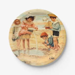 Antike viktorianische Kinder am Strand Fine Art Pappteller