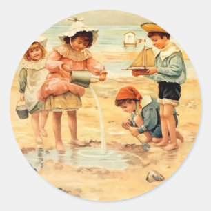 Antike viktorianische Kinder am Strand Fine Art Runder Aufkleber
