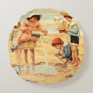 Antike viktorianische Kinder am Strand Fine Art Rundes Kissen