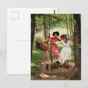 Antike viktorianische Mädchen auf Wald-Schaukel-Ku Postkarte