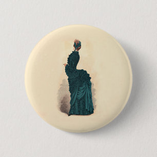 Antike viktorianische Modeplatte: Teal Bustle Klei Button