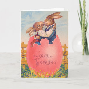 Antike viktorianische Ostergrüße Zwei Hasen küssen Karte