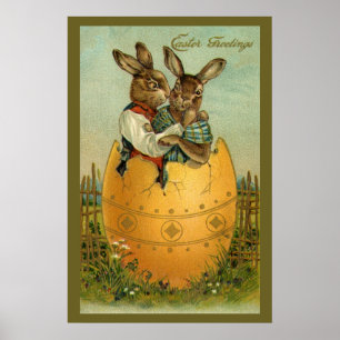 Antike viktorianische Osterhasen in einem goldenen Poster