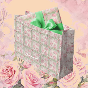 Antike viktorianische rosa Rosen Spitze Geschenkta Große Geschenktüte