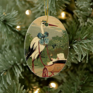 Antike viktorianische Storch- und Kinderwagenabbil Keramik Ornament