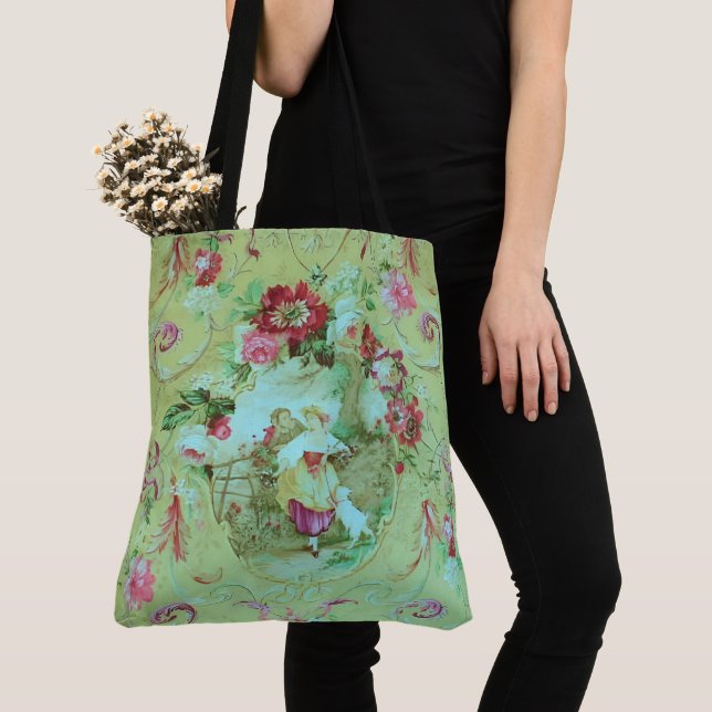 Antike Viktorianische Toile Rokoko Stil Grün Tasche (Von Nahem)
