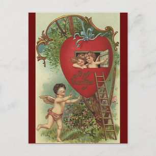 Antike viktorianische Valentinstag-Cherubs Baumhau Feiertagspostkarte
