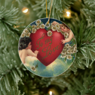 Antike viktorianische Valentinstag-Cherubs im Himm Keramikornament
