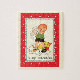 Antike viktorianische Valentinstag-Junge, Katze un