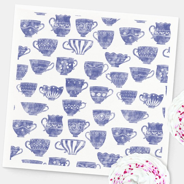 Antike Vintage Blaue Teetasse Aquarell Serviette (Antique vintage china teacup blue and white watercolor pattern afternoon tea themed party napkins)