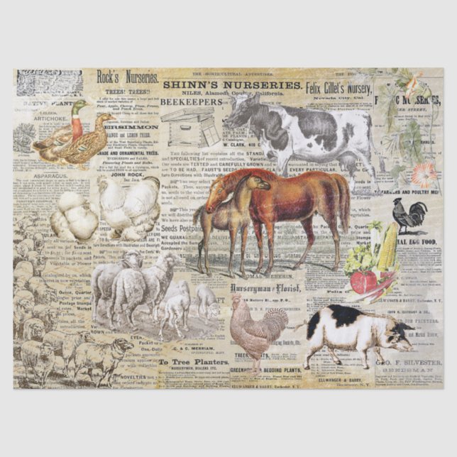 Antike Vintage Landtiere Ephemera Beige Seidenpapier (Vorderseite)