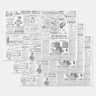 Antike Vintage Schwarz-weiße französische Werbung  Geschenkpapier Set