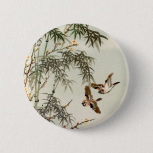 Antike Vögel Asiatischer Garten Bambus Spatzen Button