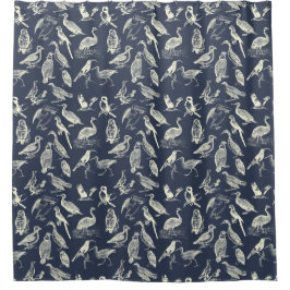 Antike Vögel Illustrationen Gravuren Cream Navy Duschvorhang