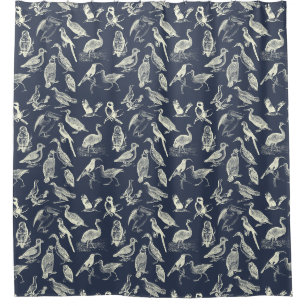 Antike Vögel Illustrationen Gravuren Cream Navy Duschvorhang