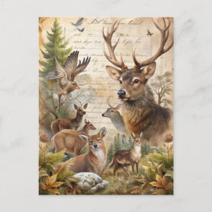 Antike Waldlandschaft mit Hirschen und Herbstlaub Postkarte