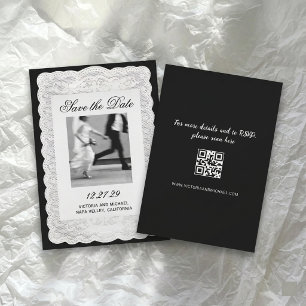 Antike weiße Papier-Spitze schwarzes Foto Hochzeit Save The Date