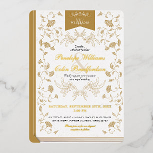 Antike weiße und goldene Blumen-Buchcover-Hochzeit Folieneinladung