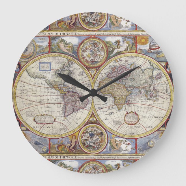 Antike Weltkarte 1626 Illustrierte Kartographie Große Wanduhr (Vorderseite)