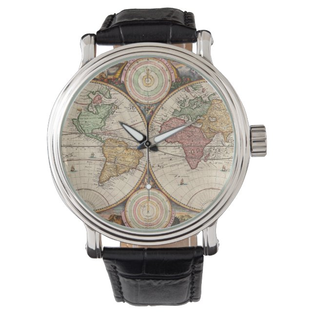 Antike Weltkarte in zwei Hemisphären Armbanduhr (Vorderseite)