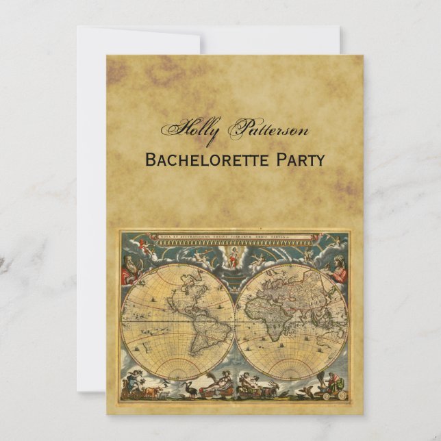 Antike Weltkarte, Not leidende BG V Bachelorette Einladung (Vorderseite)
