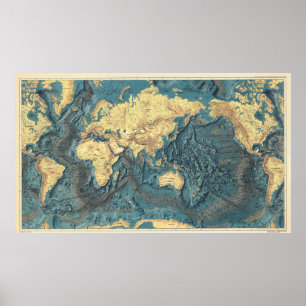 Antike Weltkarte Ozean Relief: Gelbe Kontinente  Poster