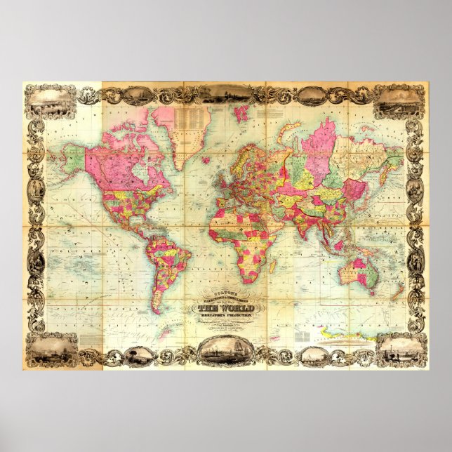 Antike Weltkarte Vintage Kartographie Poster (Vorne)