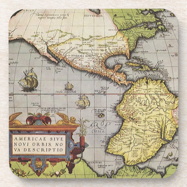 Antike Weltkarte von Amerika, 1570 Getränkeuntersetzer (Vorderseite)