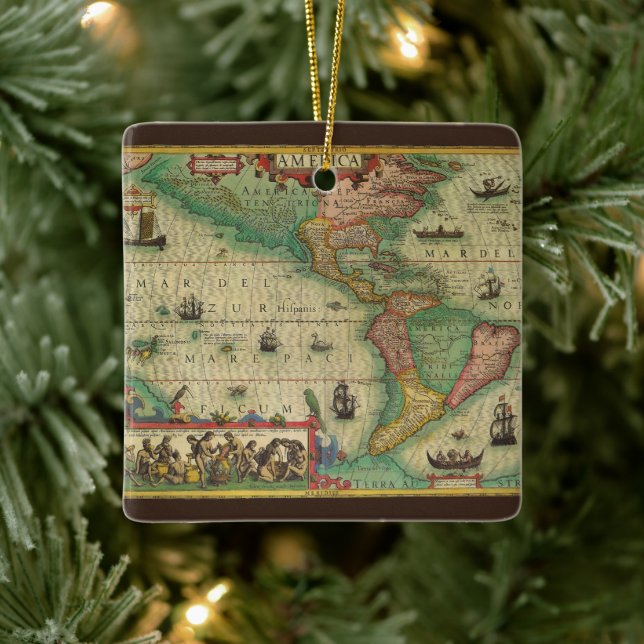 Antike Weltkarte von Amerika, 1606 Keramikornament (Baum)